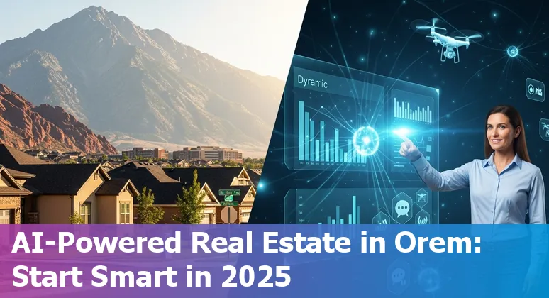 Illustration of AI tools and Orem, Utah skyline showing real estate technology in 2025