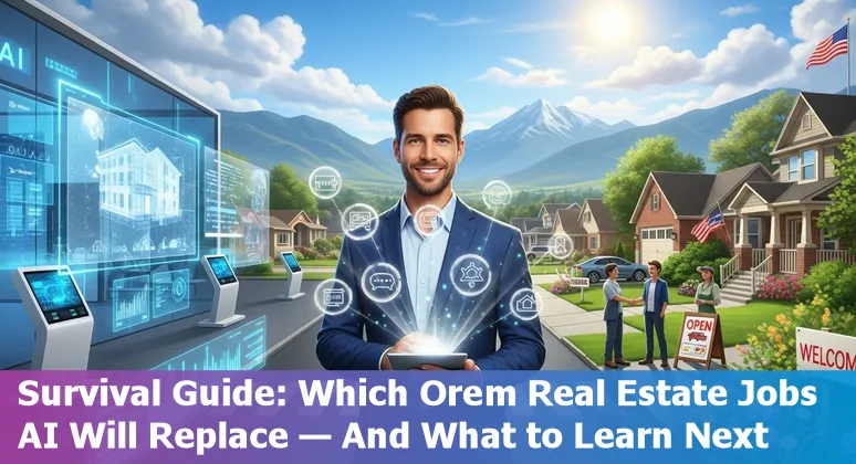 Real estate agent using tablet with Orem, Utah neighborhood and AI icons overlay