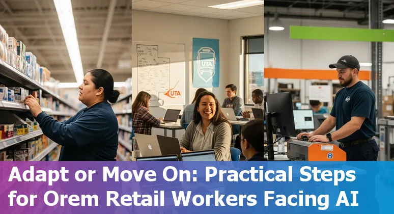 Retail worker using tablet near Nordstrom store in Orem with AI icons overlay
