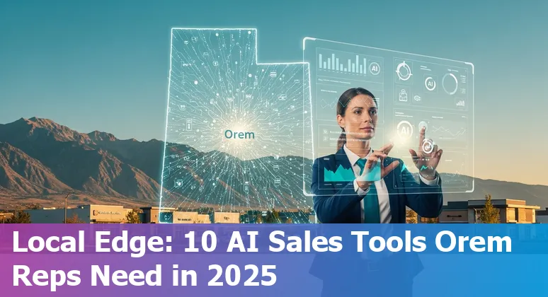 Sales professionals in Orem, Utah using AI sales tools on laptops with Orem city skyline in background