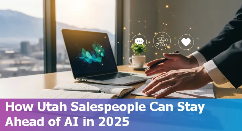 Salesperson using AI tools on a laptop in Orem, Utah skyline background
