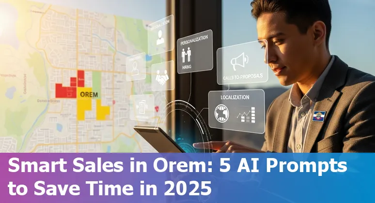 Sales professional in Orem using AI prompts on a laptop with Orem city skyline in the background