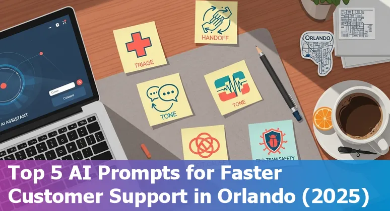 Customer service agent using AI prompts on a laptop with Orlando skyline and theme-park icons in the background
