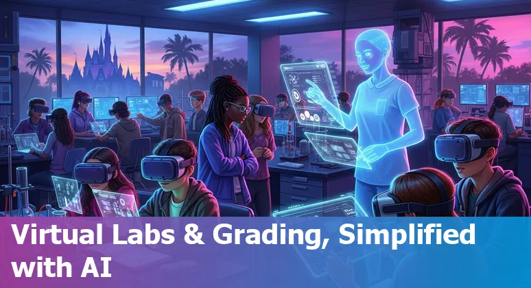 Students using AI tools in an Orlando classroom with icons for personalization, VR, grading, and accessibility.