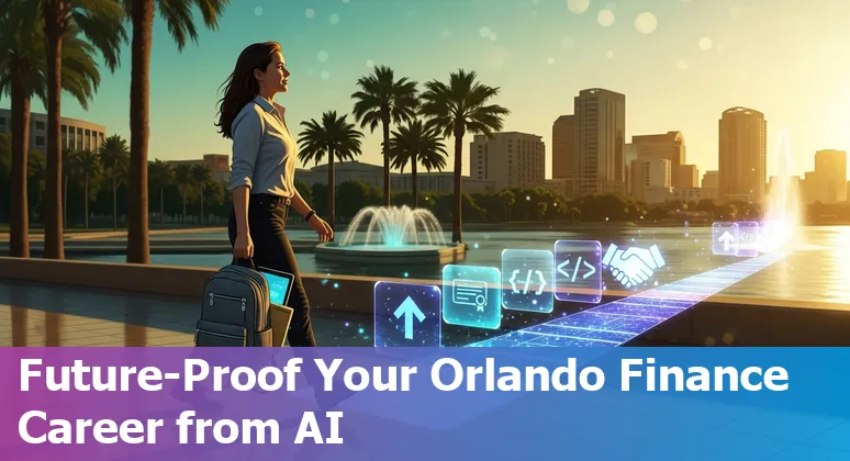 Orlando skyline with financial icons and AI brain overlay illustrating jobs at risk and career adaptation