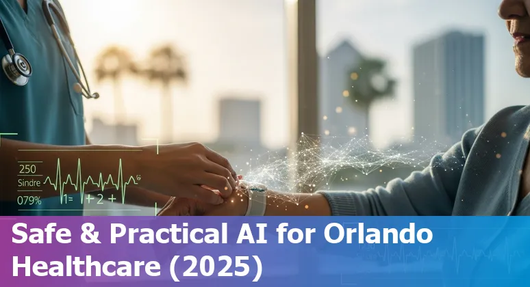 AI in healthcare illustration showing Orlando, Florida skyline with medical icons and AI elements