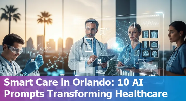 Medical AI applications in Orlando: radiology, chatbots, EHR assistants, and hospital staff scheduling with local landmarks in the background.