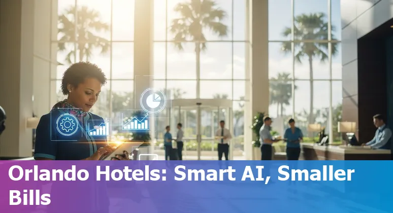 Hotel lobby with AI kiosk and Orlando, Florida skyline in background, illustrating AI helping hospitality in Orlando, Florida