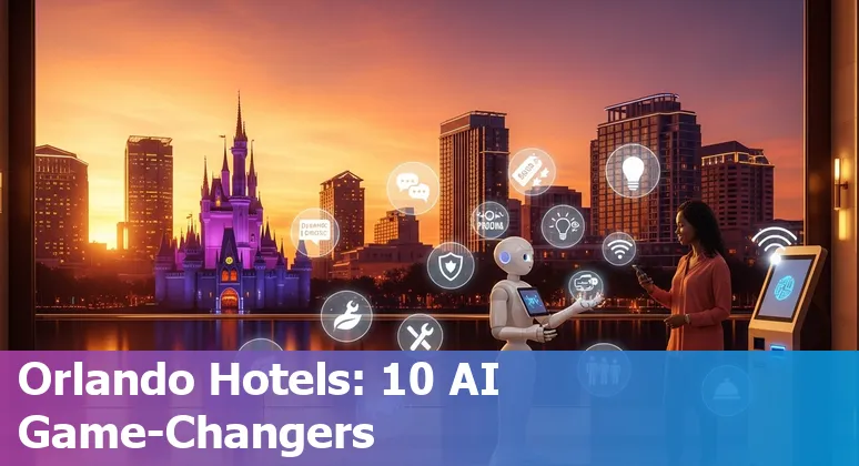 Orlando hotel lobby with smart devices and AI icons representing chatbots, facial recognition, dynamic pricing, and energy management.