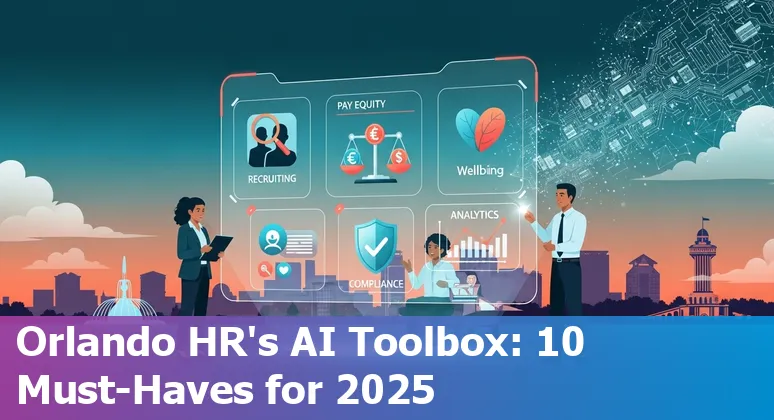 HR professional reviewing top AI HR tools on a laptop with Orlando skyline in the background