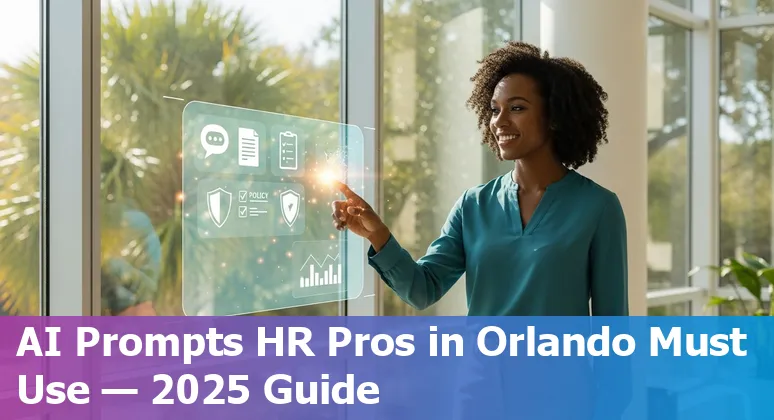 Orlando HR professional using AI prompts on a laptop in an office with skyline and palm trees visible.