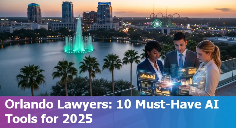 Lawyer using AI tools on a laptop with Orlando skyline in the background; icons for CoCounsel, Spellbook, Lex Machina, and Clio.