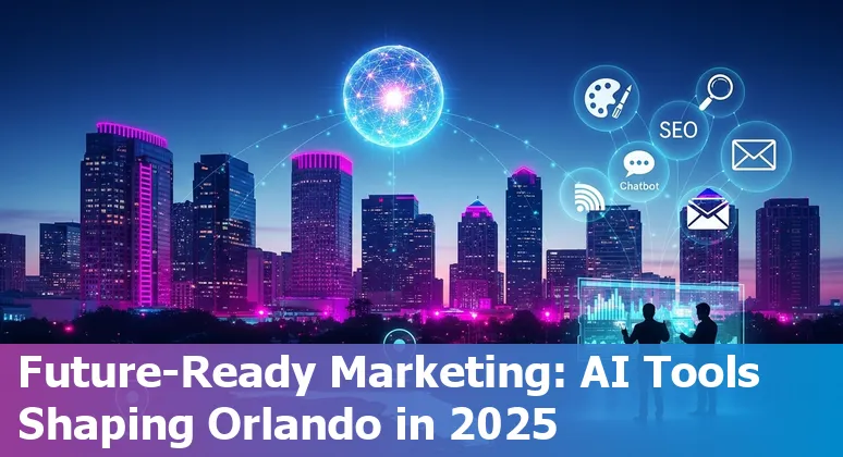 Orlando marketer using AI tools like Jasper, GPT-4, Canva, and Surfer SEO on a laptop with skyline in background.