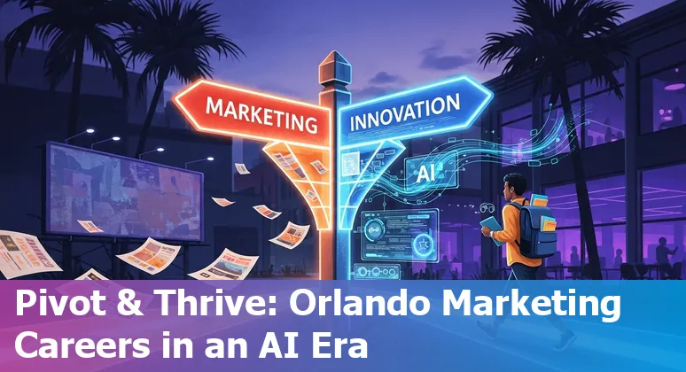 Marketing professional using AI tools at a Florida desk overlooking Orlando skyline - Orlando, Florida.