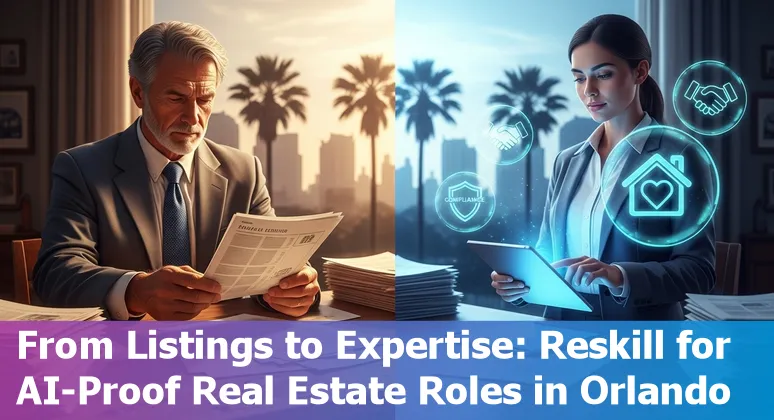 Orlando skyline with real estate agents and AI icons representing automation risks