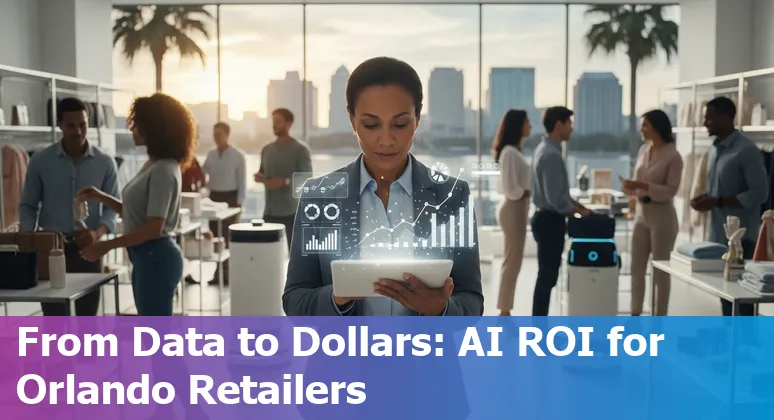 Retail AI guide cover image showing Orlando, Florida skyline with AI icons and retail storefronts