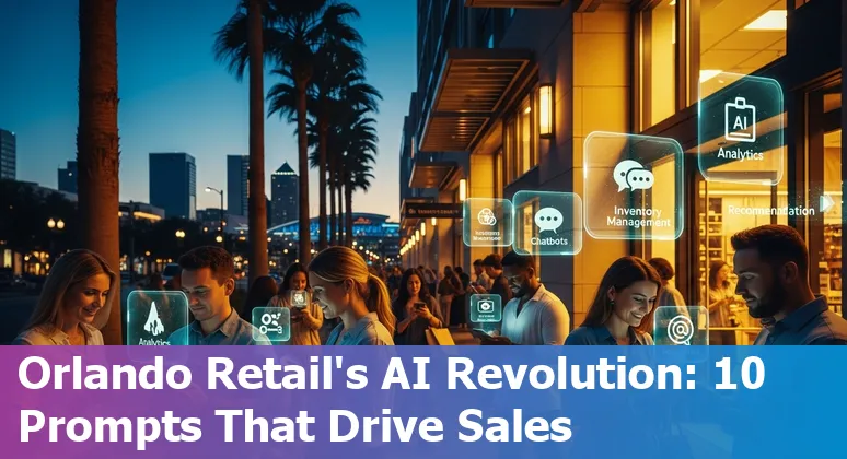 Orlando retail storefront with AI icons and prompts overlay, showing tourism, shopping bags, and data charts.
