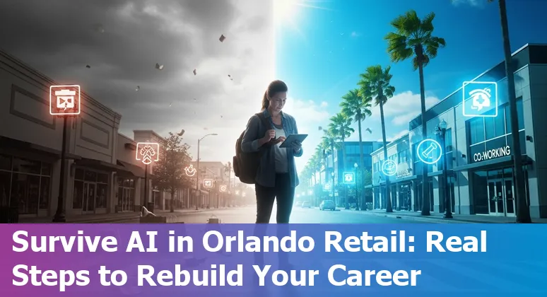 Retail worker using mobile POS with theme park in background, illustrating AI-driven retail changes in Orlando