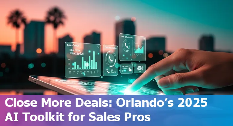 Orlando sales team using AI tools on laptops with skyline and conference badge for IBM TechXchange 2025 in the background