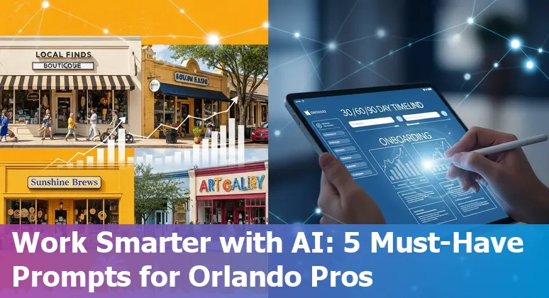 Sales professional in Orlando using AI prompts on a laptop with Orlando skyline in background