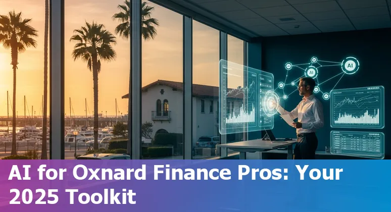 Finance professional using AI tools in an office with Oxnard, California skyline visible in background