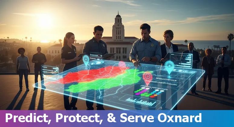 City clerk and firefighters collaborating with AI dashboards showing chatbots, wildfire maps, and traffic signals for Oxnard municipal services.