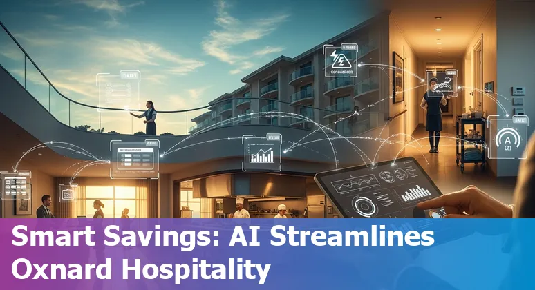 Hotel staff interacting with an AI dashboard in Oxnard, California hotel lobby