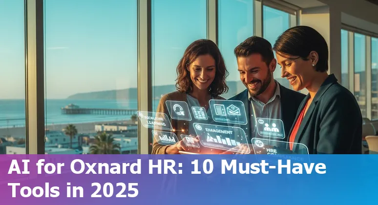 HR professional reviewing AI recruiting and engagement tools on a laptop with Oxnard backdrop