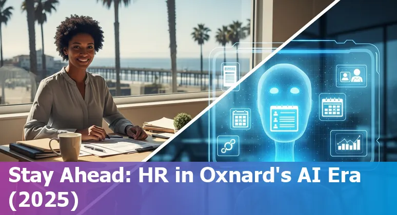Illustration of HR professionals and AI tools in Oxnard, California skyline, showing collaboration and reskilling.