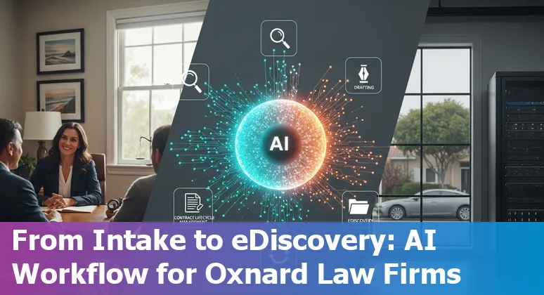 Oxnard lawyer using AI tools on laptop showing contract analysis, research results, and intake chatbot.
