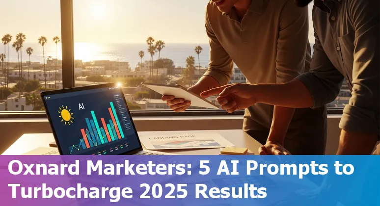 Oxnard marketer using AI prompts on laptop with Channel Islands Harbor in the background.