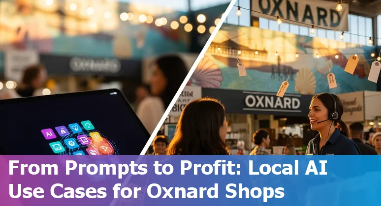 Shopfront in Oxnard with AI icons overlay showing inventory, chatbot, and AR try-on features.
