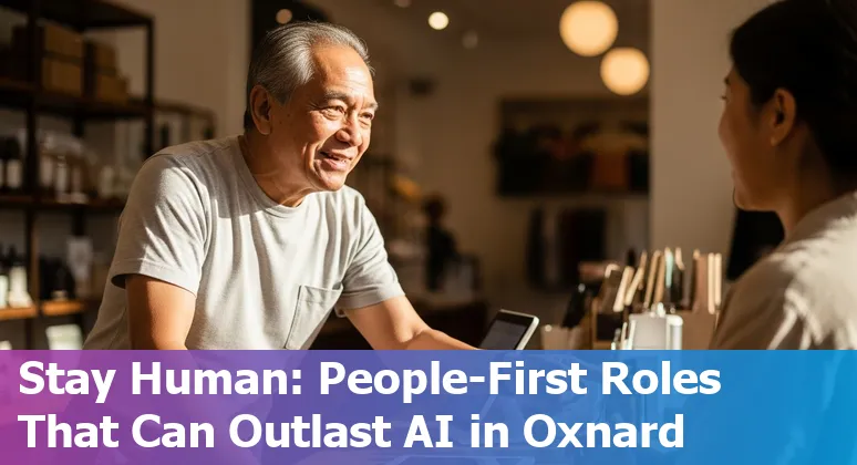 Oxnard retail worker using tablet in a store, with icons showing AI, robots, and training resources.