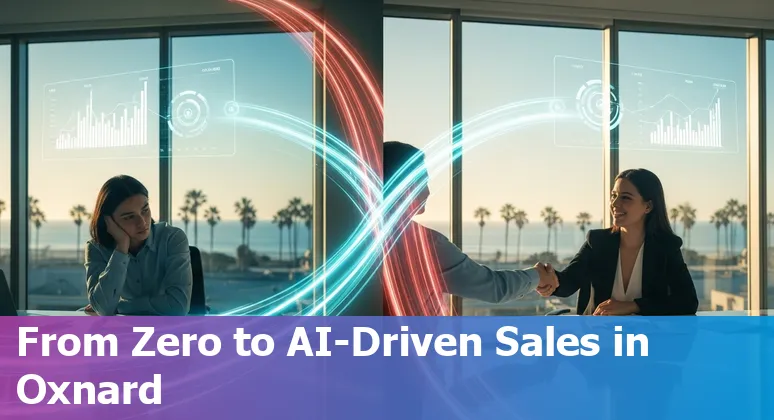 Sales professional using AI tools in Oxnard, California skyline, 2025