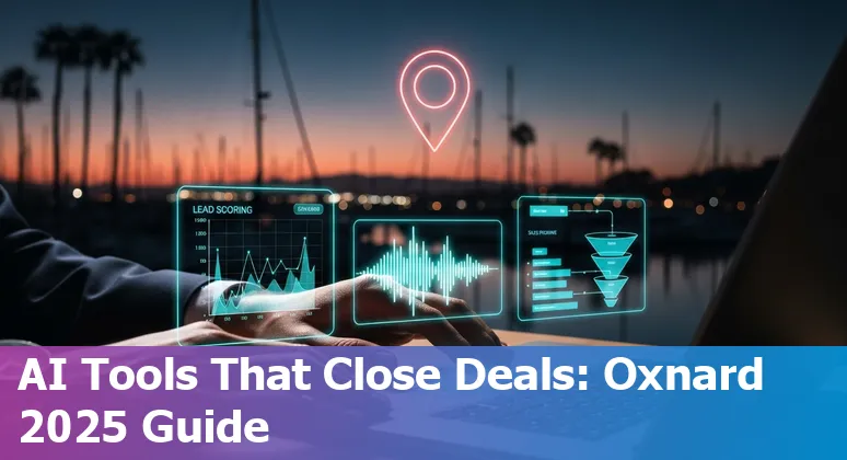 Sales professional in Oxnard using AI tools on laptop with Oxnard coastline in background