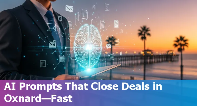 Sales professional using AI prompts on laptop with Oxnard coastline visible through window.