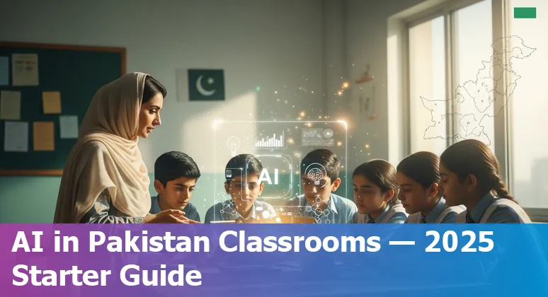 Graphic showing AI in Pakistan education 2025 with students, teachers, Islamabad and Karachi icons