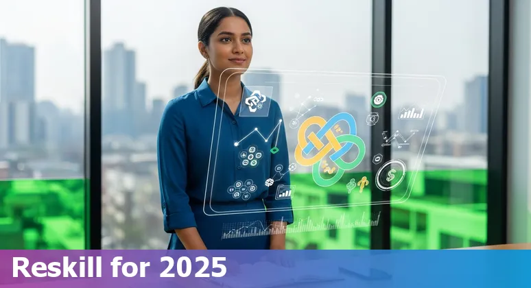 Graphic showing AI and finance professionals in Pakistan balancing automation, reskilling, and resilient careers