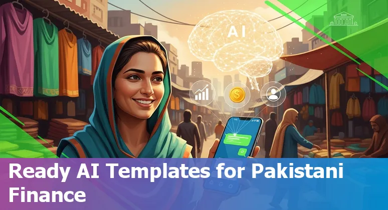 AI prompts and banking icons over an outline map of Pakistan representing financial services use cases