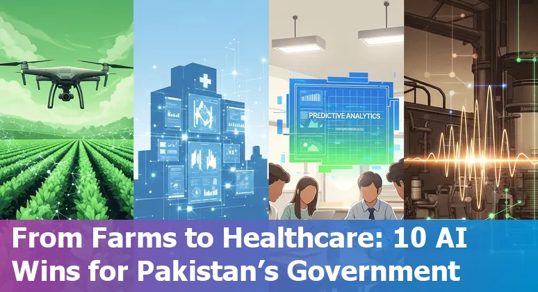 Illustration of AI use cases for Pakistan government: policy, chatbot, OCR, healthcare, agriculture, cybersecurity and procurement icons