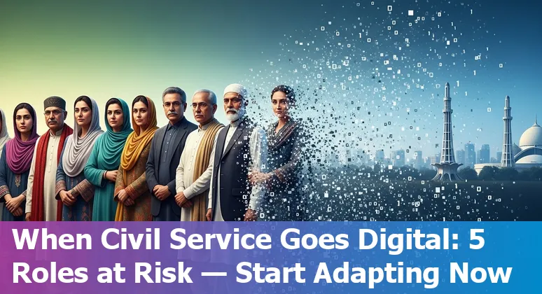 Government employees learning AI skills in a training session, with icons for NADRA, courts, tax office and procurement on a screen