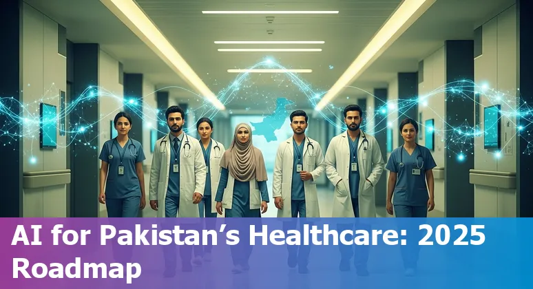 Illustration of AI in healthcare showing clinicians, chest x‑ray, and data flow with map of Pakistan (2025)