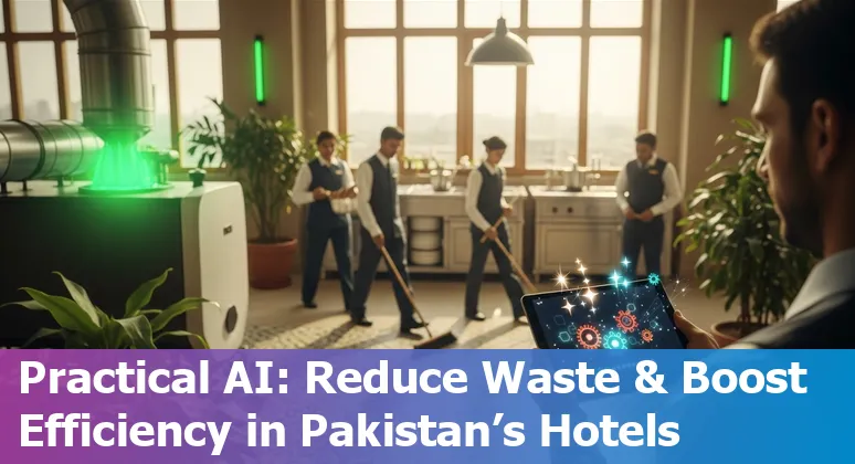Hotel staff using AI dashboard and voice-agent demo at a Pakistan hotel lobby