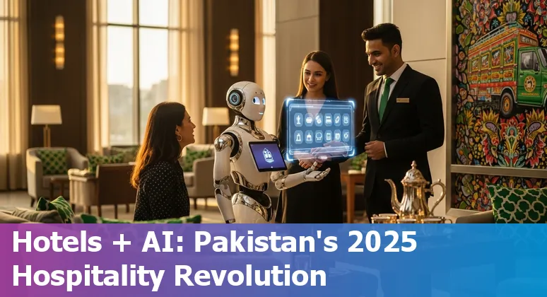 Hotel staff using AI chatbot at a Pakistani hotel front desk in Pakistan, 2025