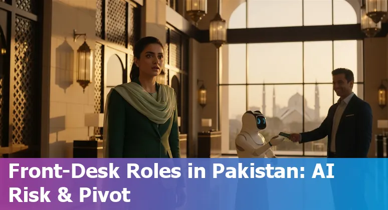 Hotel staff with AI, robots and training icons showing jobs at risk and adaptation steps in Pakistan