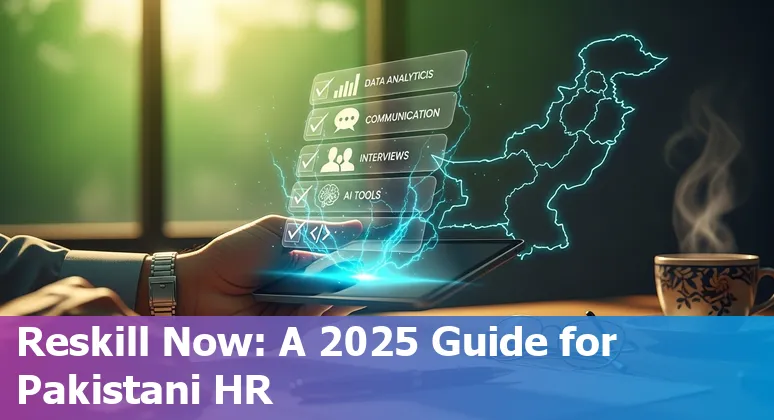 Illustration of AI and HR professionals in a Pakistan office discussing reskilling and HR automation in 2025