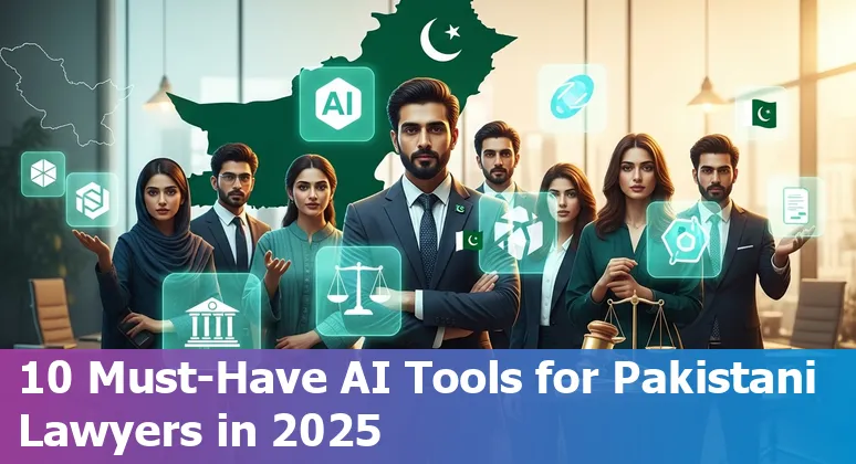 Collage of logos for Harvey AI, ChatGPT, Casetext, Juro, Kira Systems, Lexion, LawDroid, CaseMine, ThoughtRiver and Bryter with a gavel and Pakistan flag