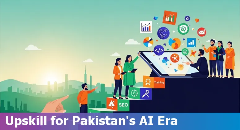 Illustration of AI tools and marketers collaborating with Lahore skyline — marketing in Pakistan