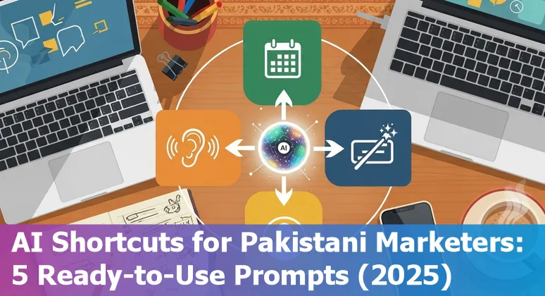 Pakistani marketing team using AI prompts on laptop with Karachi skyline and Urdu captions