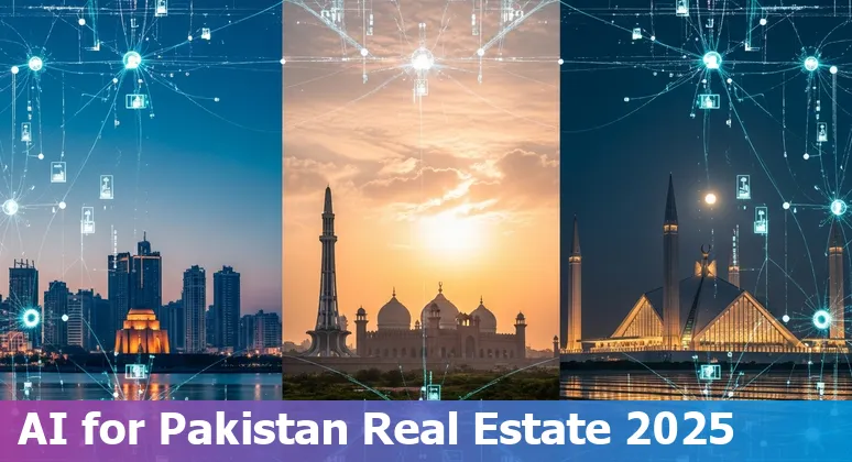Illustration of AI tools (chatbot, AVM, virtual tour) applied to Pakistan real estate with Karachi and Lahore skyline.